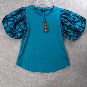 Diane Gilman 30th Anniversary Puff Sleeve Eyelet Embroidered Jersey Tee XS NWT